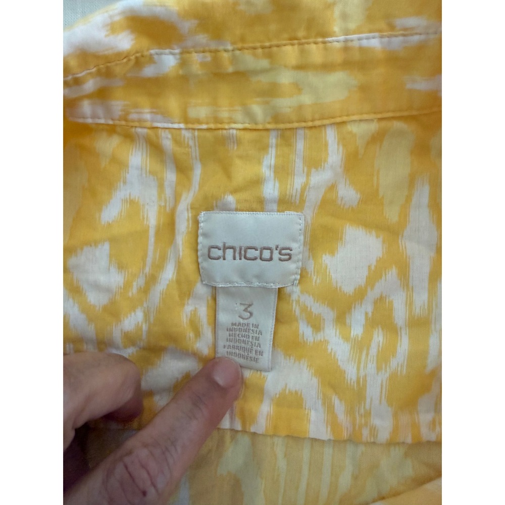 Chico's Yellow Ikat Print 100% Cotton Button Front Shirt Size XL Resort Coastal - Picture 6 of 7